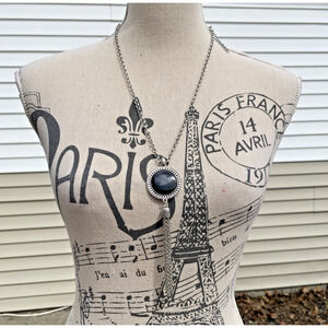 Vintage Silver Tone Medallion Pendant Necklace Black Cabochon Tassel 29"